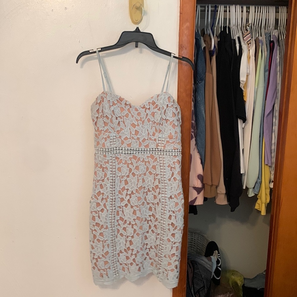 Light blue lace over nude dress